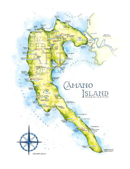 Camano Island Map Watercolor Illustration Stanwood Cama Beach Art Print