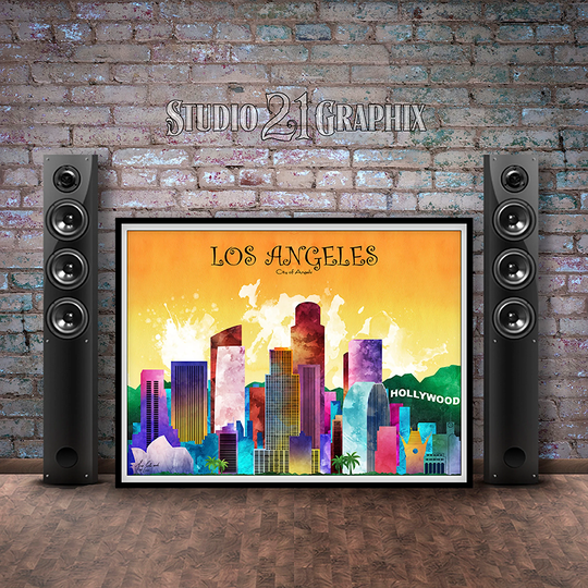Los Angeles in Living Color, California City Skyline Print, Poster, Wall Art, Travel Decor, Watercolor, Of Angels Gift