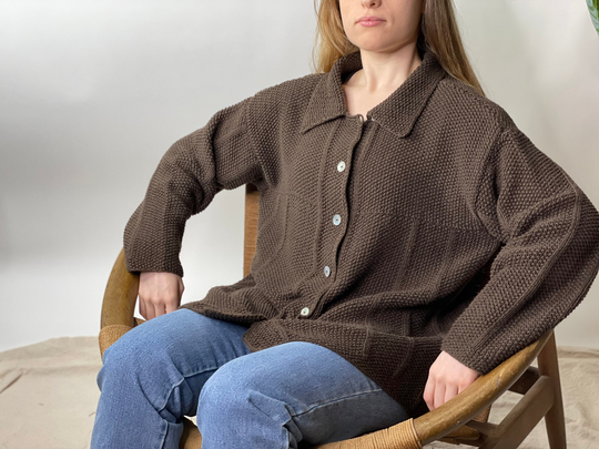 Vintage Brown Linen Blend Embroidered Aster Cardigan Sweater, Lele