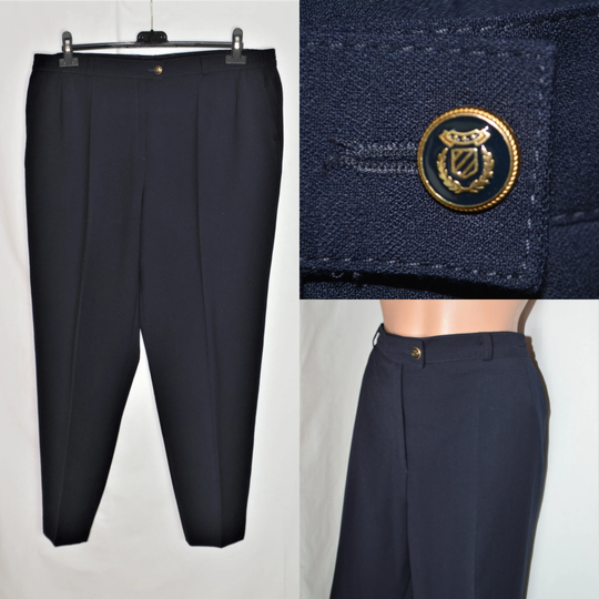Vintage Women Wool Blend Pants Size Xl/48 Navy Blue Straight Tapered Leg High Rise Solid Print Casual Trousers