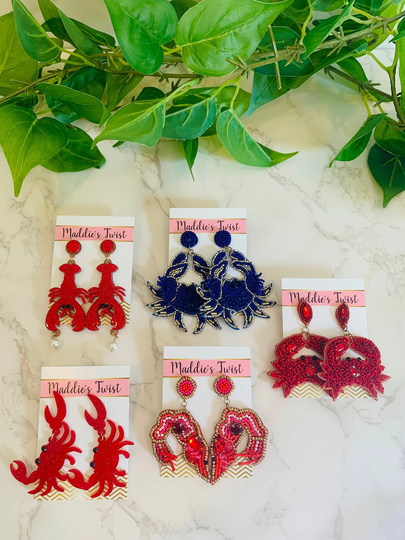 Beaded Seafood Earrings, Crab Shrimp Resin Lobster Crawfish Earrings