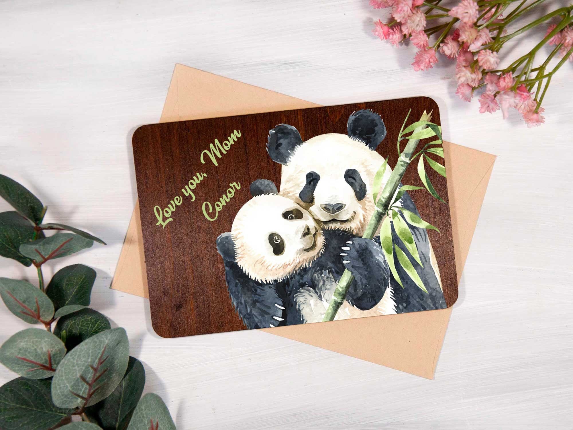 Love You Mom Personalized Wooden Card Mothers Day Gift For Sympathy Birthday Panda Mama