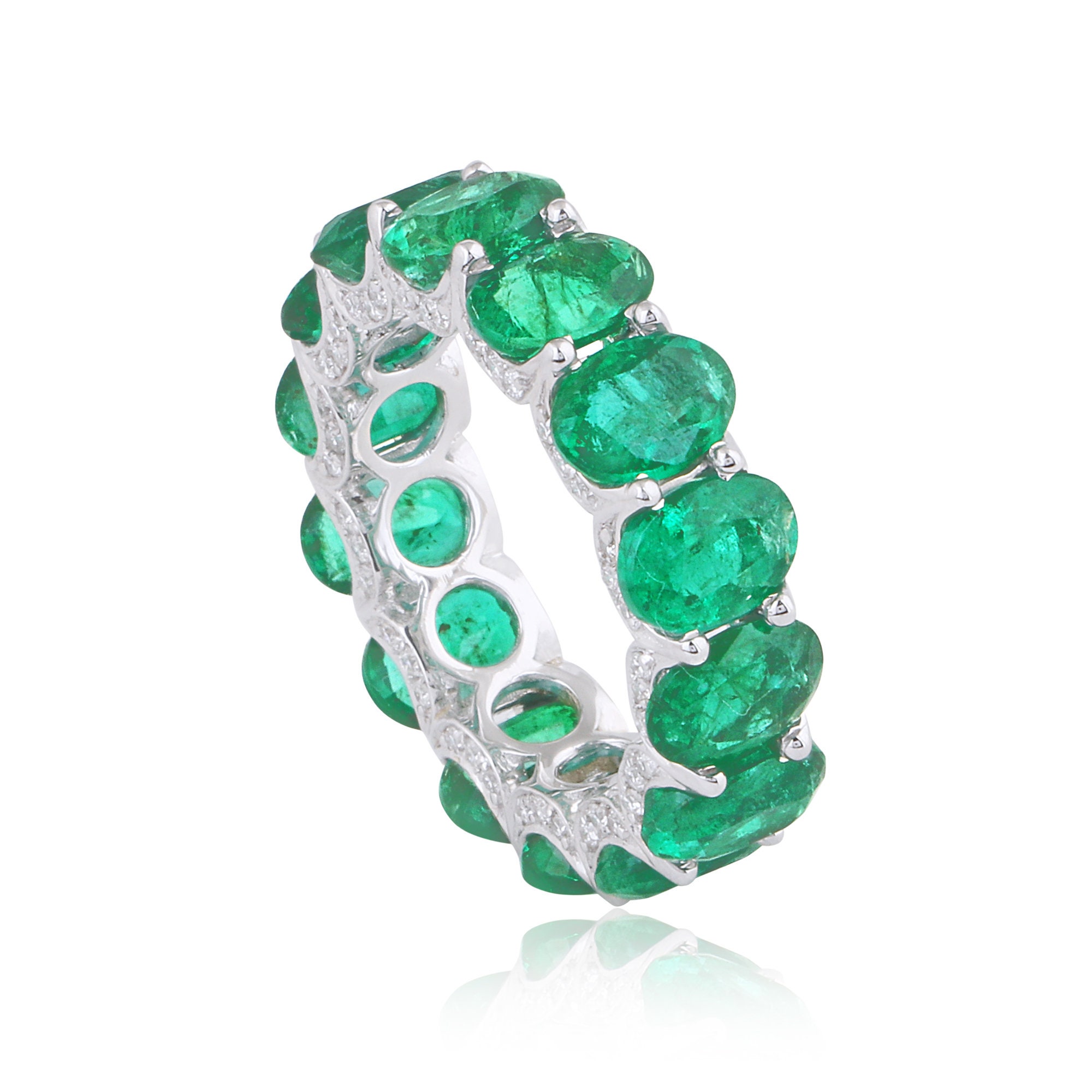 10.77 Cts Natural Green Emerald Full Band Ring, 18K White Gold Pave Diamond Jewelry, Gemstone Wedding Bands, Anniversary Ring Jewelry Gifts