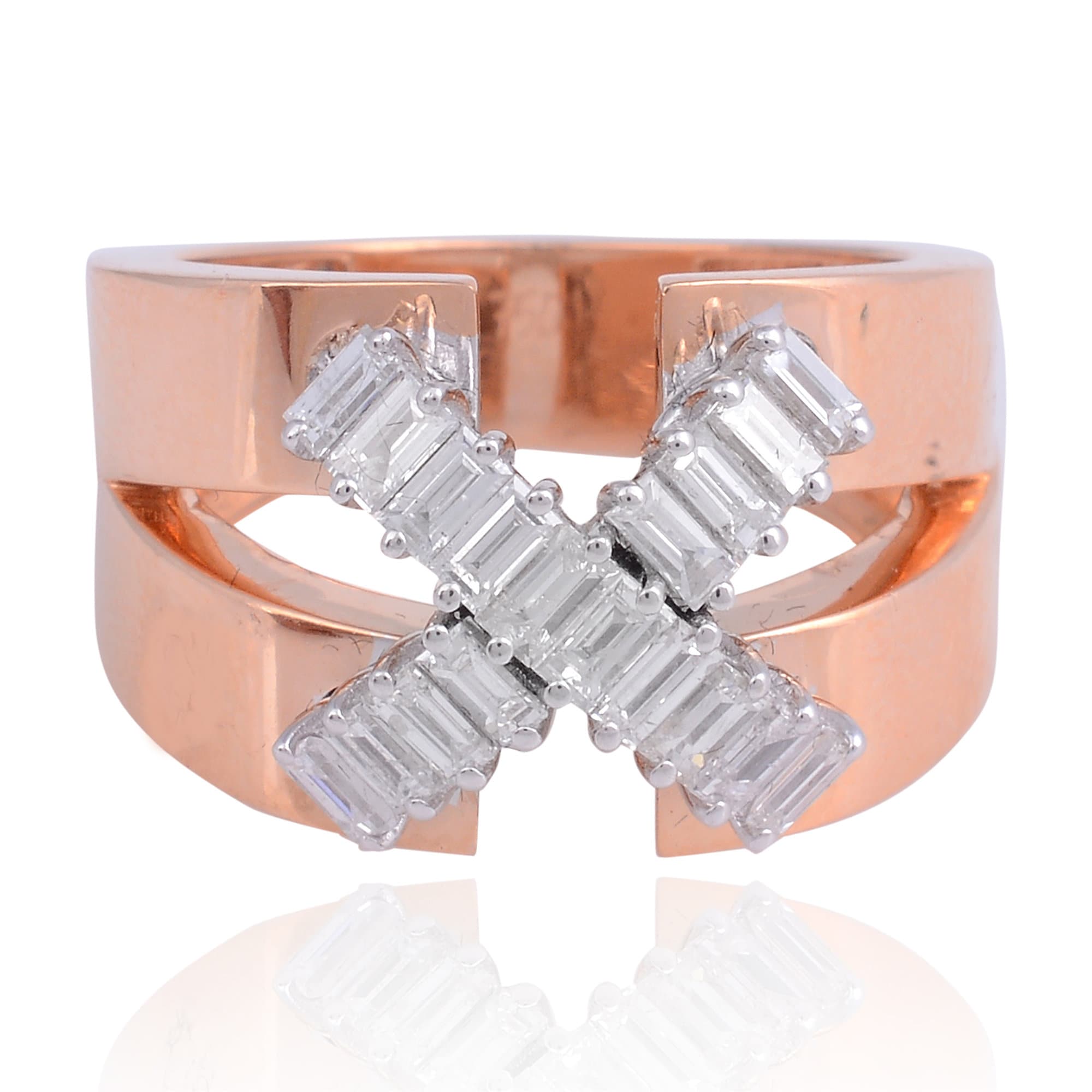 Solid 18K Rose Gold Natural 1 Ct Hi Color Si Clarity Diamond Baguette X Design Cross Ring Handmade Wedding Religious Jewelry