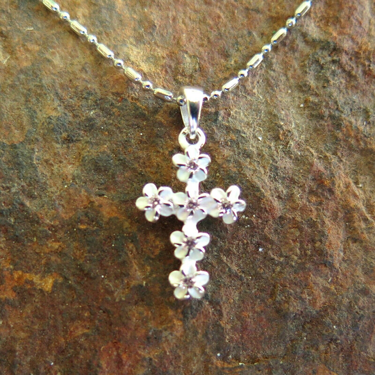Hawaiian Jewelry 925K Sterling Sliver Plumeria Aloha Cross Pink Cz Pendant Necklace
