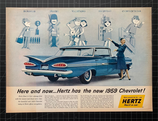 Vintage 1959 Chevrolet, Hertz Rent A Car Print Ad