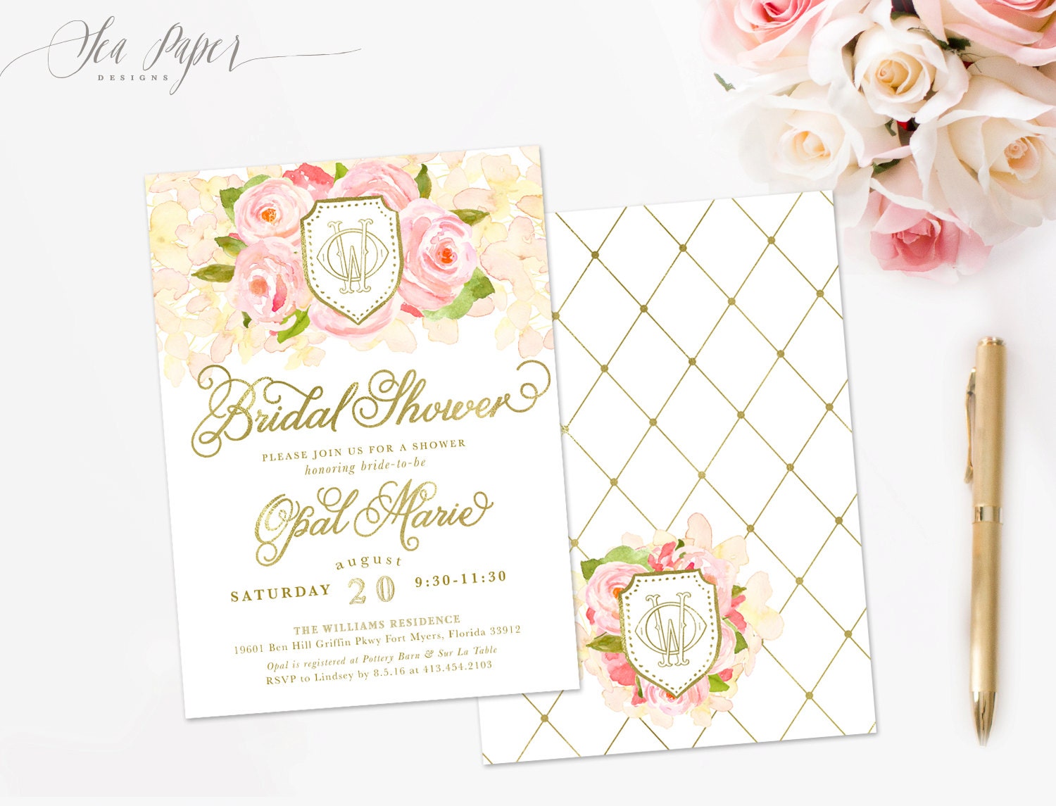 Garden Bridal Shower Invitation Pink Roses, White Peach Hydrangeas, Gold Monogram Crest Southern Invite - Opal