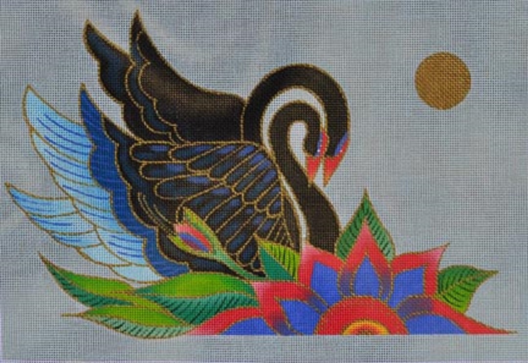 Needlepoint Handpainted Danji Laurel Burch Black Swans 12x8 -Free Us Shipping