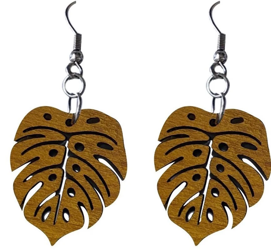 Natural Wood Carved Tropical Hawaiian Monstera Leaves Leaf Dangling Dangle Earring Hypoallergenic Surgical Steel Hook Light Weight