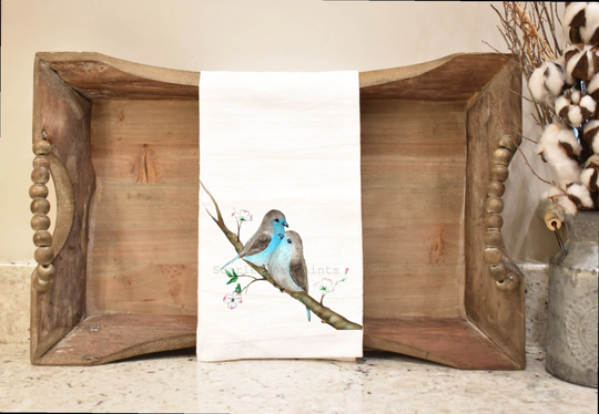 Teal Blue Birds Flour Sack Tea Towel, Two On A Branch Watercolor, 27x27 Inch 100% Cotton Kitchen Dish Hostess Gift