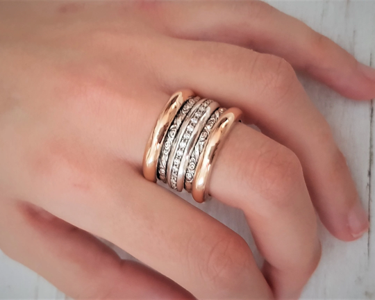 Zircons Ring For Women, Wide Spinner Ring, Tow Tone 9K Gold & Silver Band Meditation Rings, Mood Worry Fidget
