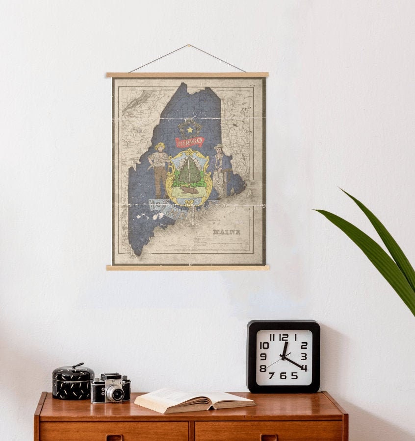 Maine Vintage State Flag Map Print | Hanging Canvas Art Printed Marketplace
