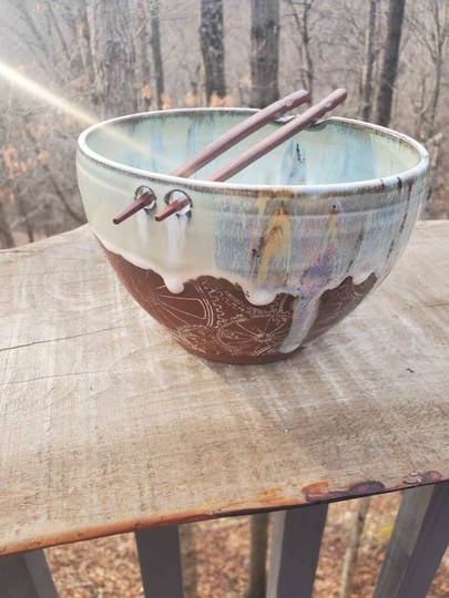 Handmade Large Pho Bowl W Chopsticks, Steampunk Pattern, Drippy Glaze, Rice Stir Fry Bowl, Appx 4 Cups, Free Shipping