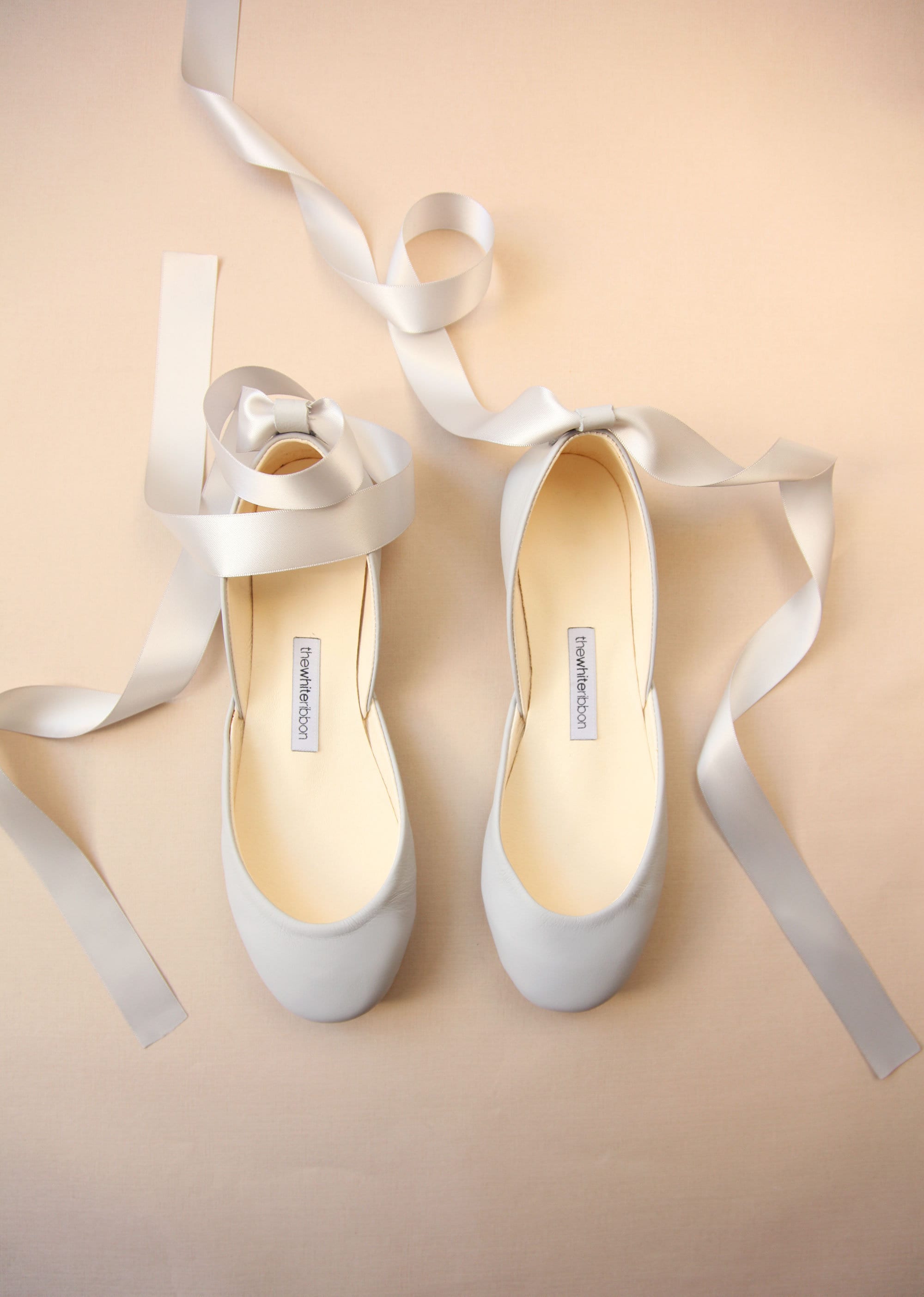 Bridal Ballerina Style Shoes in Feather Grey Leather With Satin Ribbons