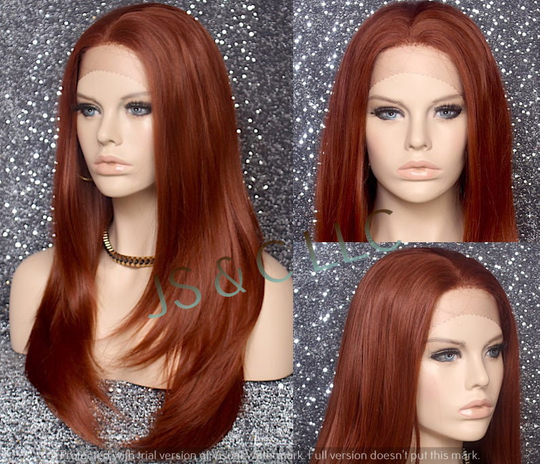 Human Hair Blend Hand Tied Full Lace Front Wig Heat Ok Center Mono Part Layered Sides Copper Red Straight Cancer/Alopecia/Cosplay