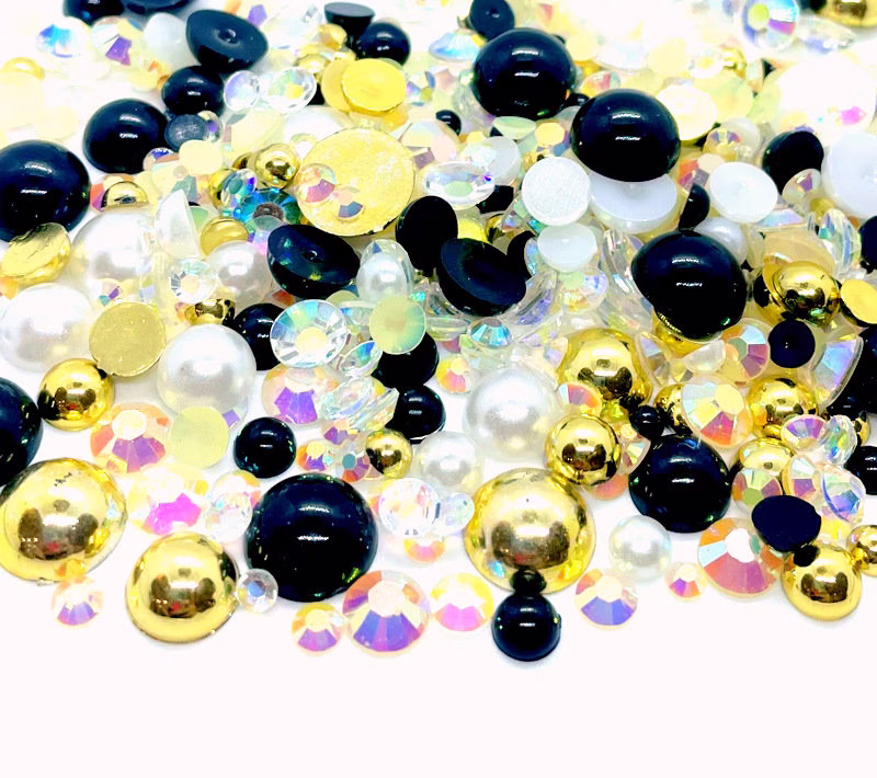 Nye Blend Rhinestone Mix 2mm-10mm Flatback Jelly Resin | Faux Pearls Sizes, Gold Black Clear
