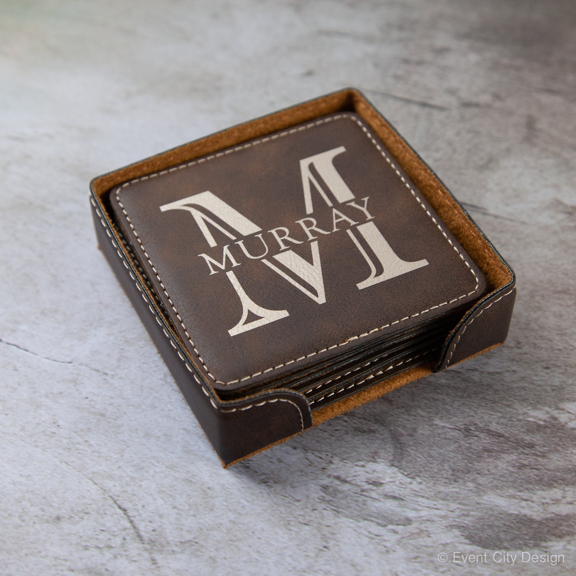 Monogrammed Leather Coaster Set, Personalized Coasters, Custom Engraved Gift For Couples, 3rd Anniversary