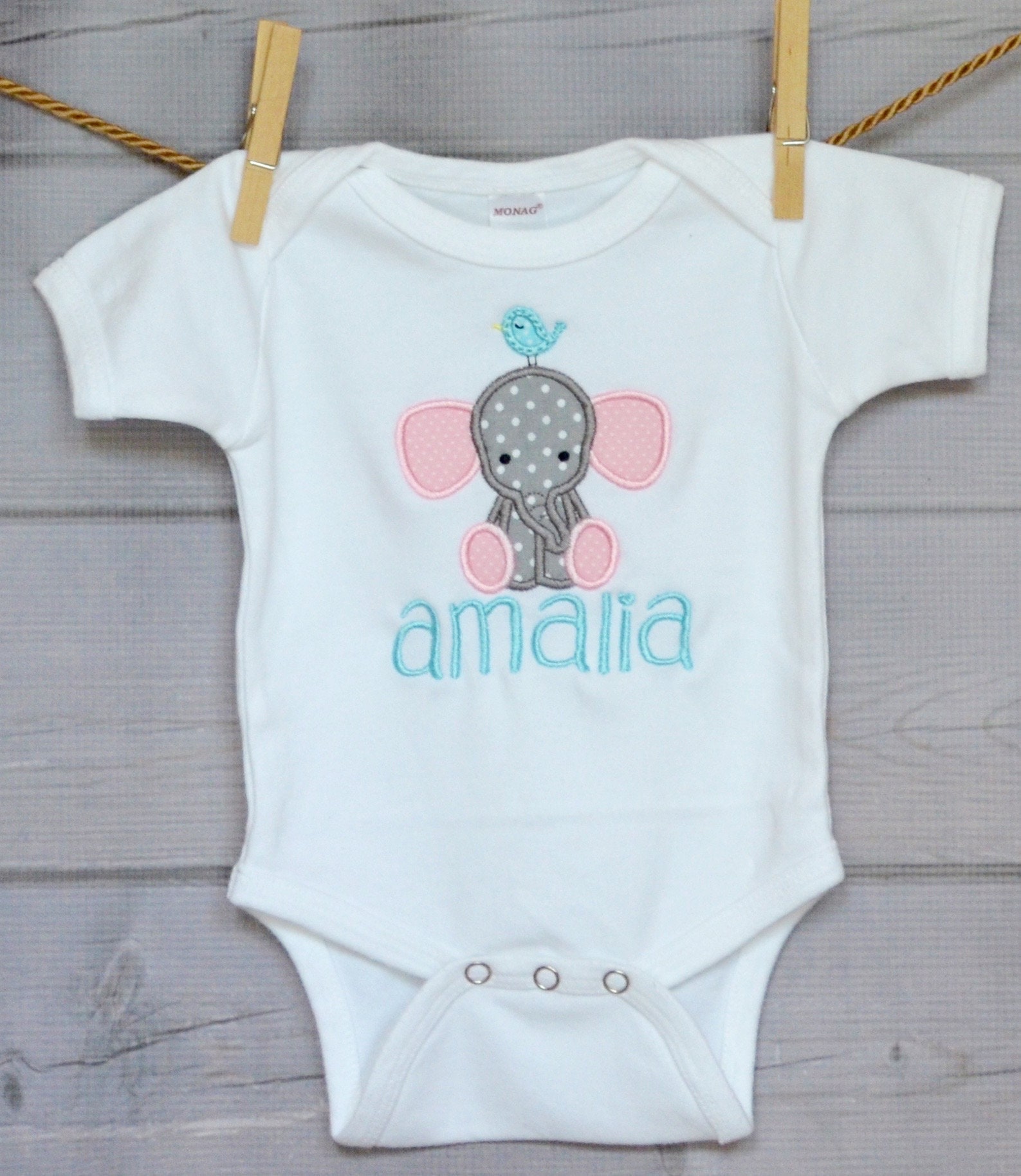 Personalized Baby Elephant With Bird Applique Shirt Or Bodysuit Girl