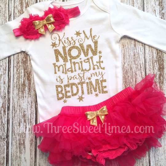 First New Years Baby Girl Outfit Kiss Me Now Midnight Is Past Bedtime Party Clothes Hot Pink Gold Glitter Opt Leg Warmer Tutu Bloomer