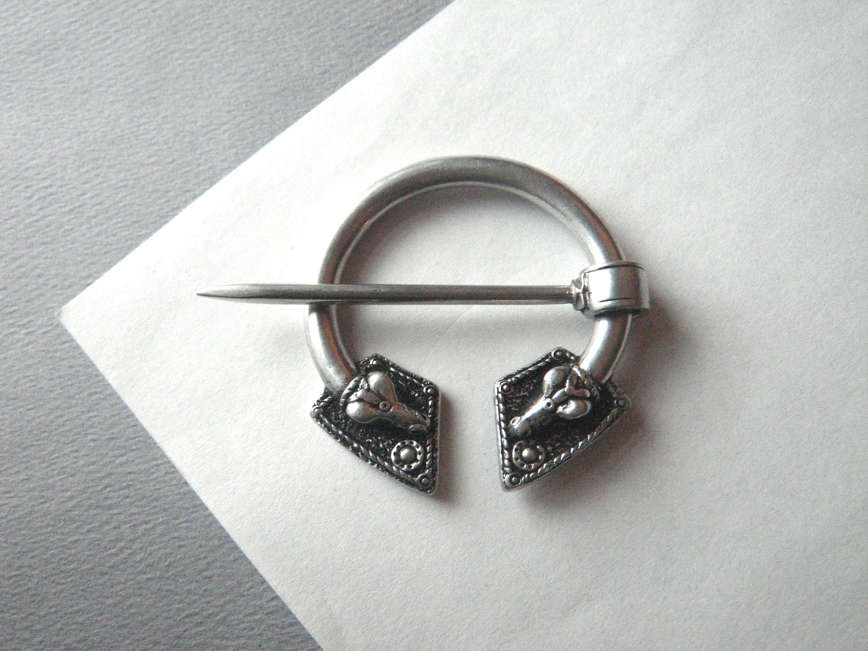 Silver Celtic Penannular Brooch, Cloak Tartan Plaid Shoulder Clasp, Ram's Head
