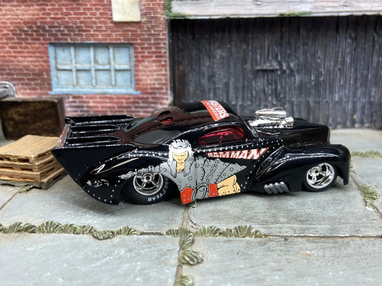 Custom Hot Wheels 1941 Willys Coup Drag Car in Master Of The Universe Ram Man Livery With American Racing Goodyear Rubber Tires