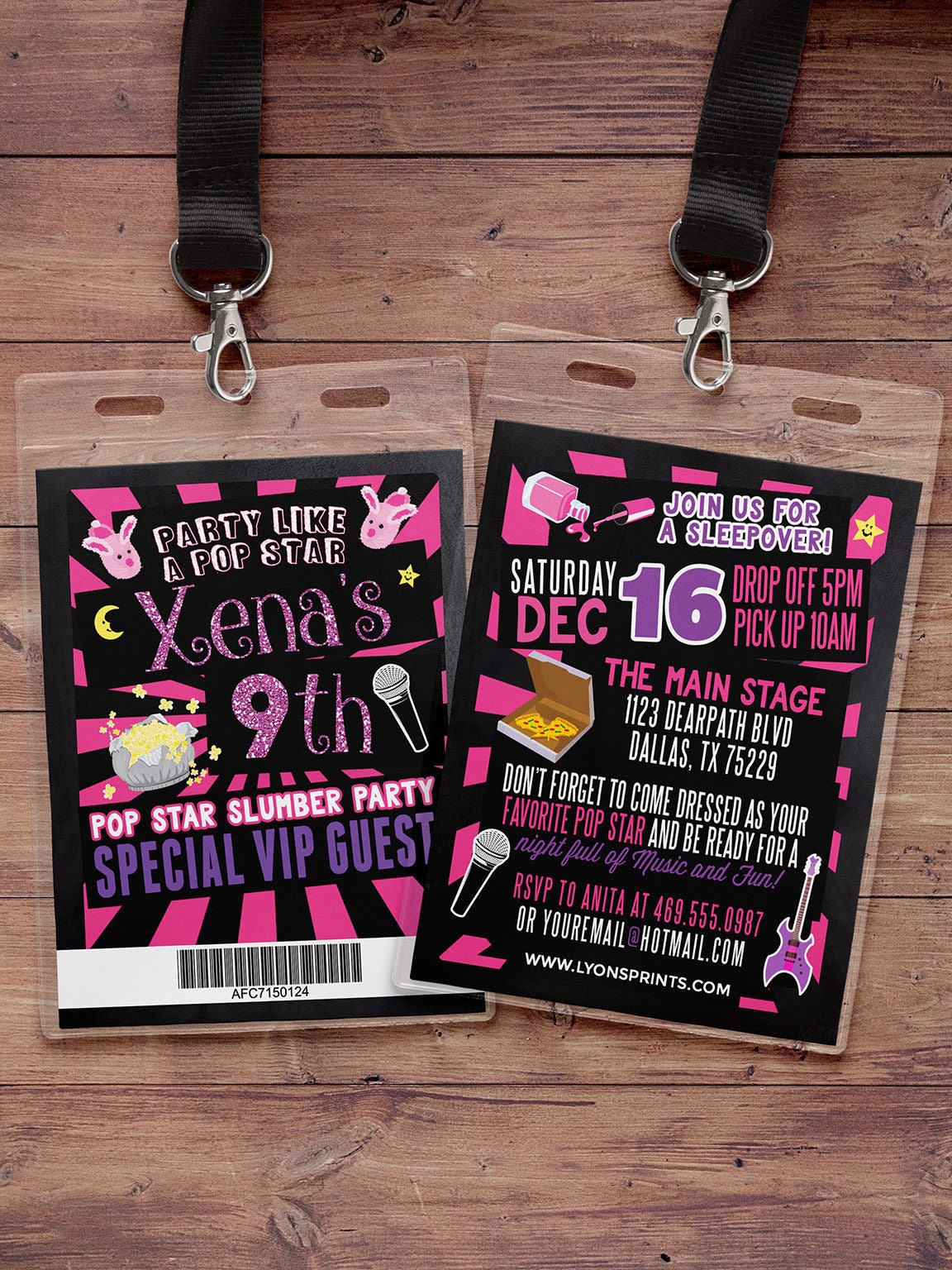 Pop Star Sleepover, Vip Pass, Slumber Party Invitation/Pajama Party Sleepover Spa Sleepover, Party, Girl
