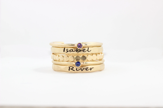 Gold Name Ring Set // Personalized Stacking Rings Custom Engraved/Gemstone Birthstone Mom