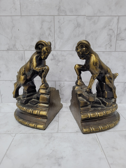 Vintage Brass Big Horn Ram Bookends Book Holders Bookshelf Decor