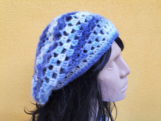 All-Season Crochet Mohair Blend Lightweight Blue Beret, Knit French Slouchy Beanie Hat, Lace Boho Summer Rasta Hat