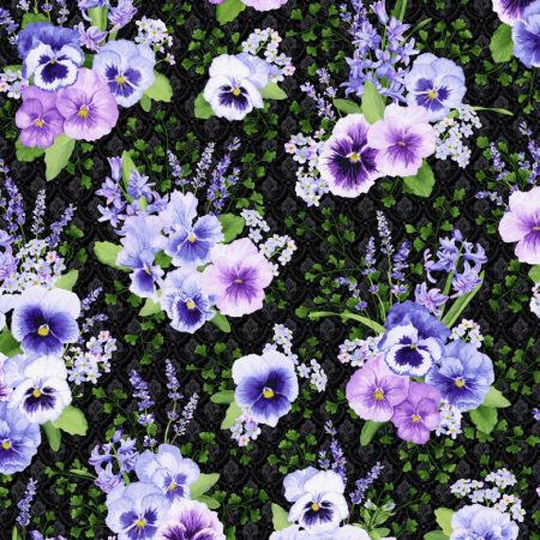 Bloomfield Ave~ Pansy Bouquet On Black~ Cotton Fabric By Rjr Fabrics