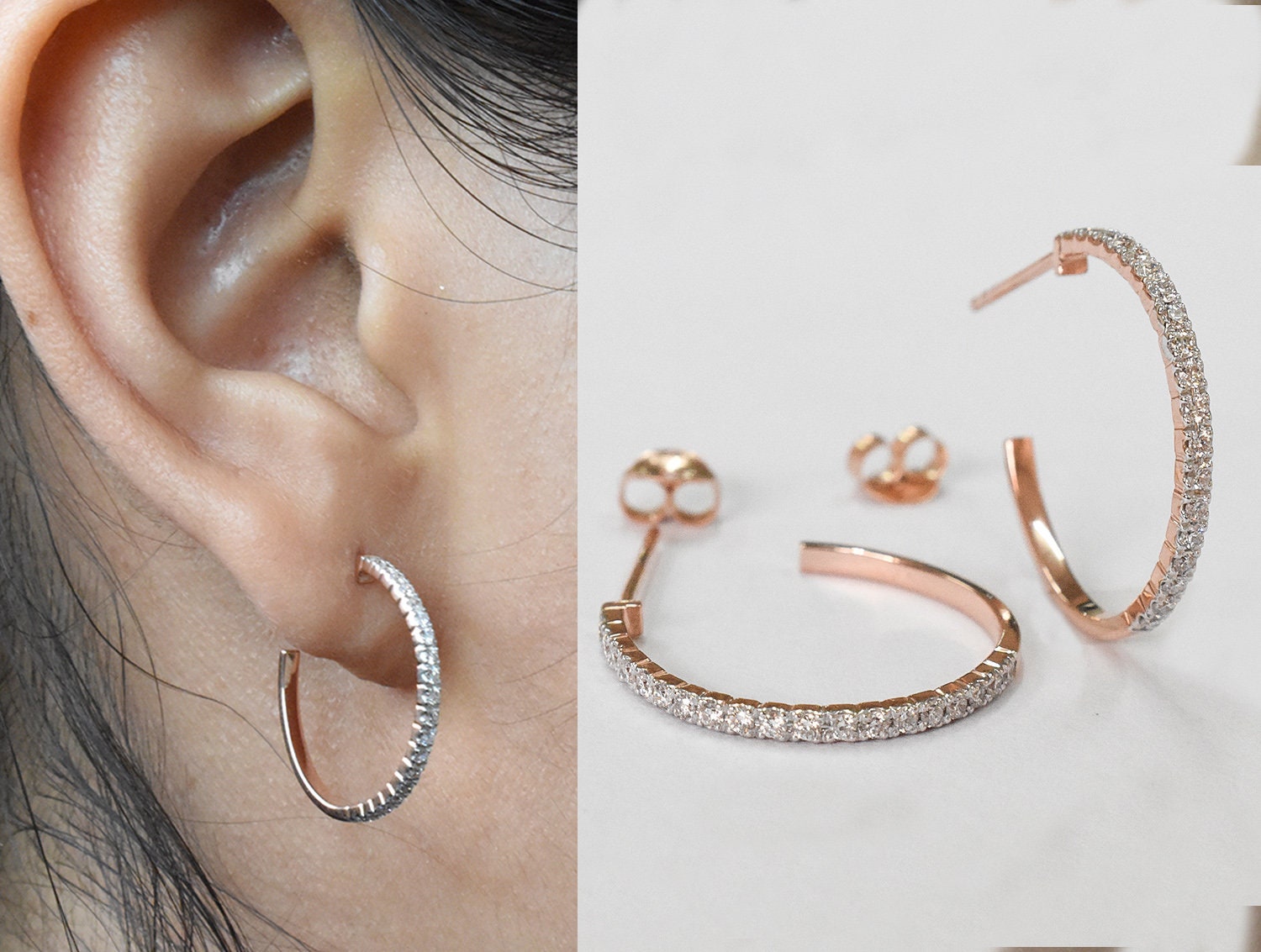 Diamond Hoop Earrings 10K 14K 18K/Solid Gold Hoops Half Micro Pave Huggie Earrings