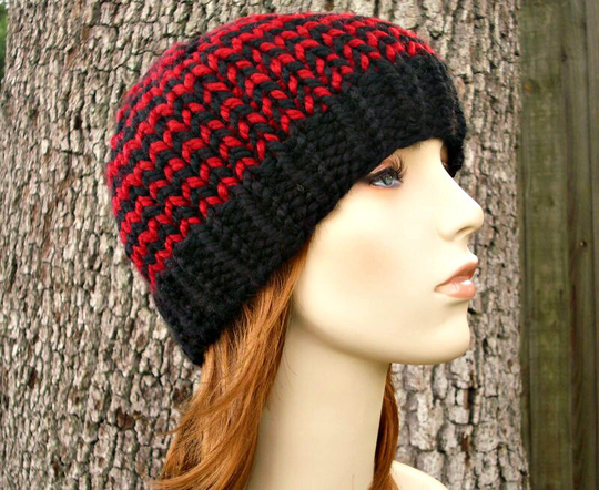 Hand Knit Hat, Womens Mens Chunky Knitted Beanie, Winter Wool Blend Cap, Toque Black & Red