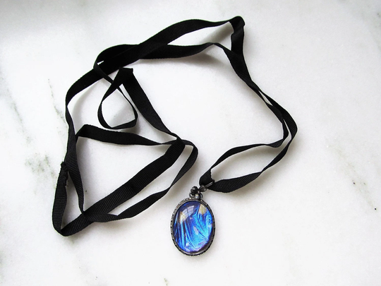 Antique Sterling Silver Butterfly Wing Pendant & Ribbon Necklace Etc5545