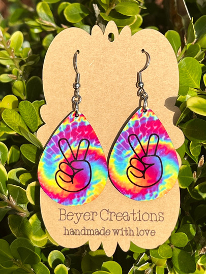 Peace Sign Earrings. Symbol With Hands Tie Dye Dangle Teardrop