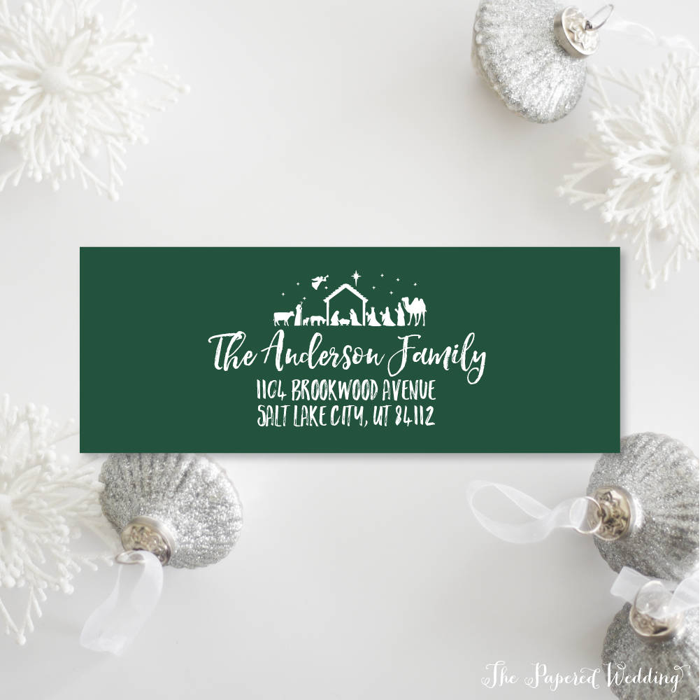 Green Nativity Return Address Labels - Scene Themed For Christmas Cards Personalized Stickers 003