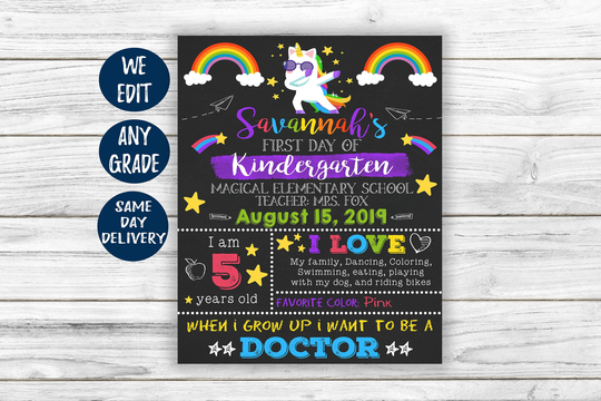 Unicorn First Day Of School Sign, Girl Back To Chalkboard, Rainbow Printable, 1st 2021