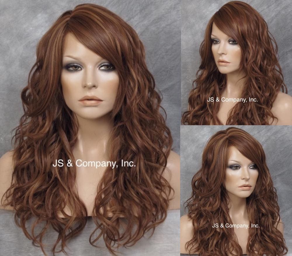 Medium Auburn Mix Human Hair Blend Wavy Extra Long Bangs Off Center Parting Wavt Curly Cancer Alopecia Theater Cosplay