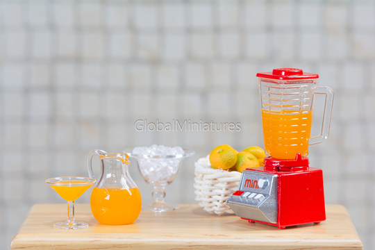 Dollhouse Miniatures Breakfast Set Of Orange Juice, Blender, Glass & Jug, Bowl Ice Cube, Basket Orange, Kitchen Decoration