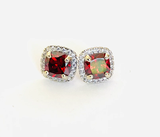 14K White Gold Cushion Cut Red Garnet & Created Diamond Halo Screw Back Stud Earrings 2.50Ctw