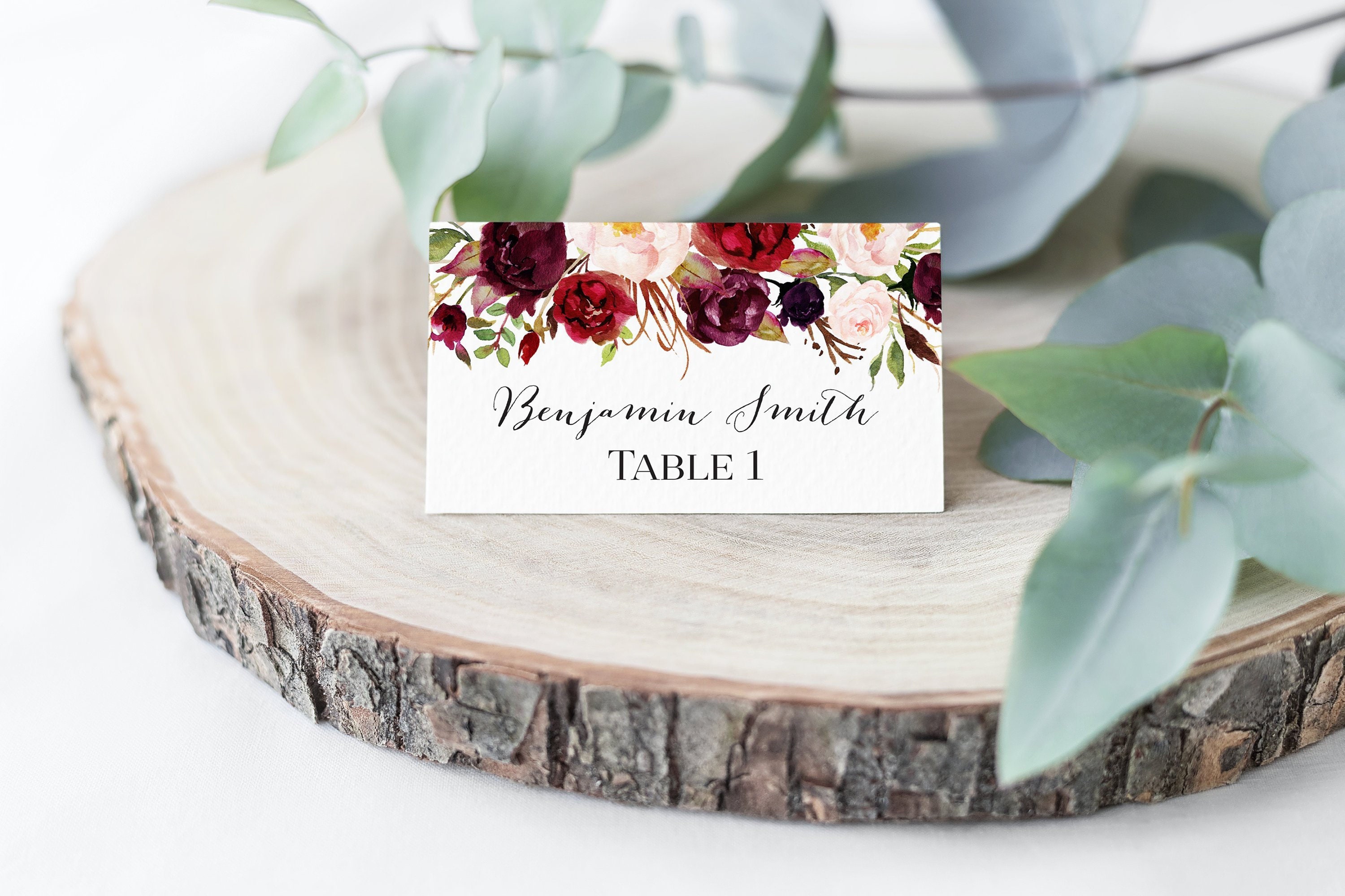 Printed Wedding Place Cards - Marsala & Pink Floral Table Cards, Rustic Wine Flower Printable For 0006