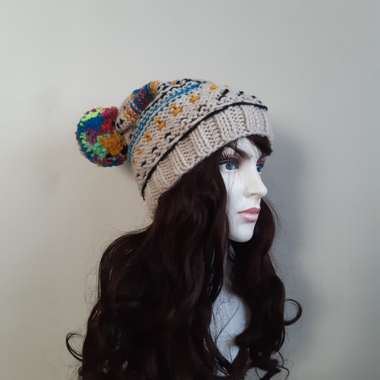 Knit Wool Blend Slouchy Beanie With Pompom, Colorful Beanie, Unisex Beret, Handknit