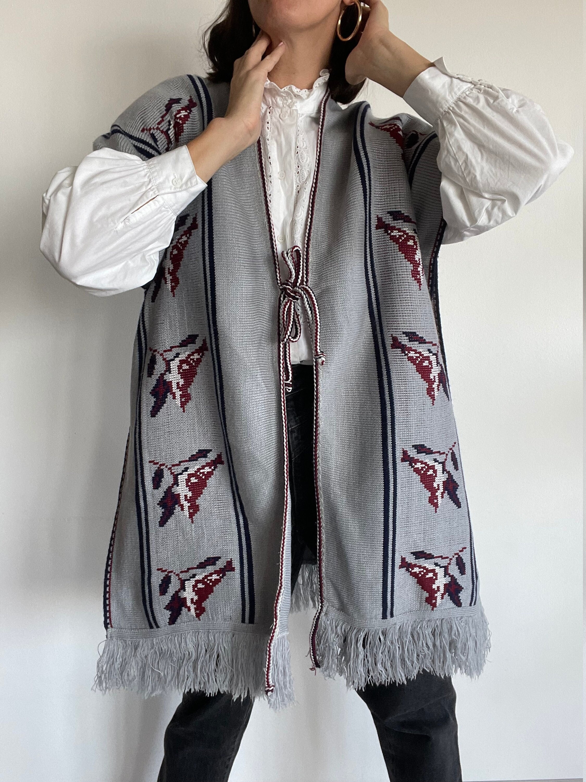 Vintage Fringed Floral Wool Blend Poncho/Cape One Size