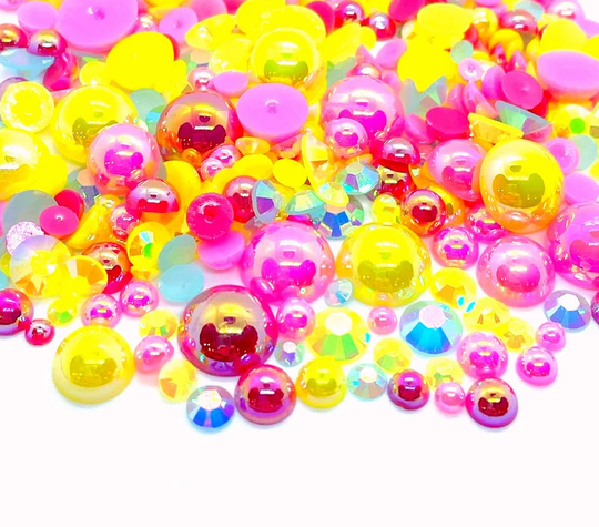 Raspberry Punch Blend Rhinestone Mix 2mm-10mm Flatback Jelly Resin | Faux Pearls Rhinestones Sizes, Blue Yellow Pink
