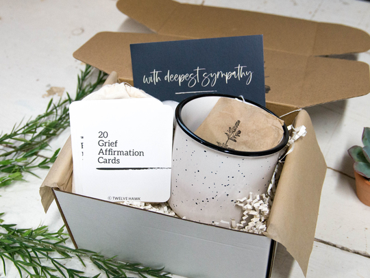 Sympathy Gift Box Grief Affirmation Cards & Campfire Mug | Comforting Loss Of Loved One Husband