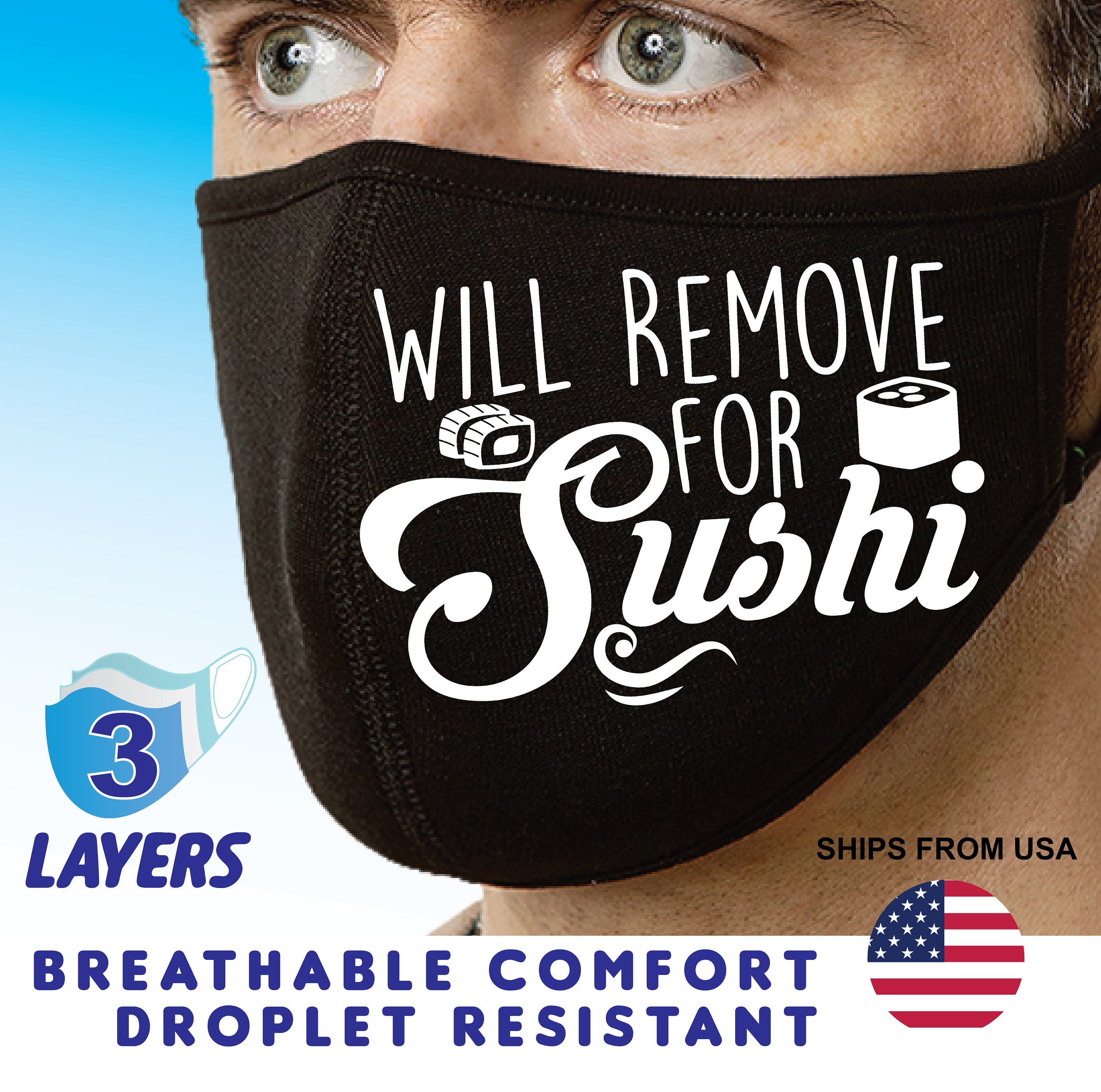 Quality Mask Will Remove For Sushi Funny Face 3 Layers Breathable Comfort Droplet Resistant Japanese Seafood Food Father's Day