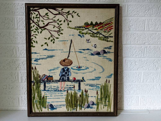 Vintage Framed Needlepoint Art | Boy Fishing in Overalls Summer Days