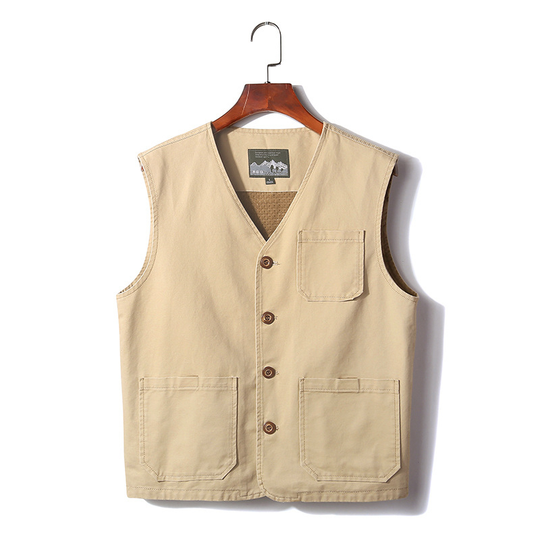 Men's Tooling Vest Simple V-neck Cotton Blended Khaki Solid Single Breasted For Daily Casual Outdoor Male Vest - creamy-white, 7xl