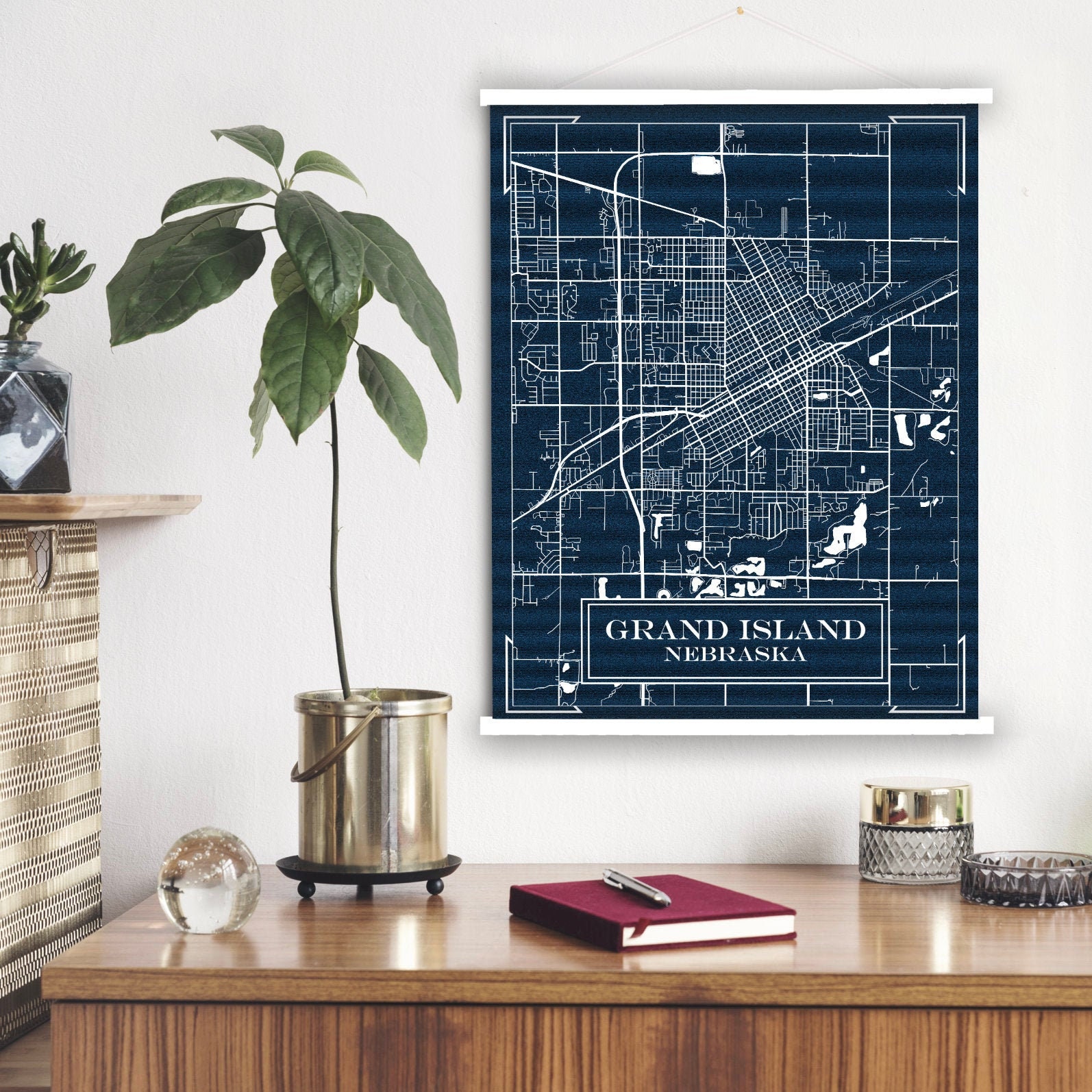 Grand Island Nebraska Blueprint Street Map | Hanging Canvas Of Printed Marketplace