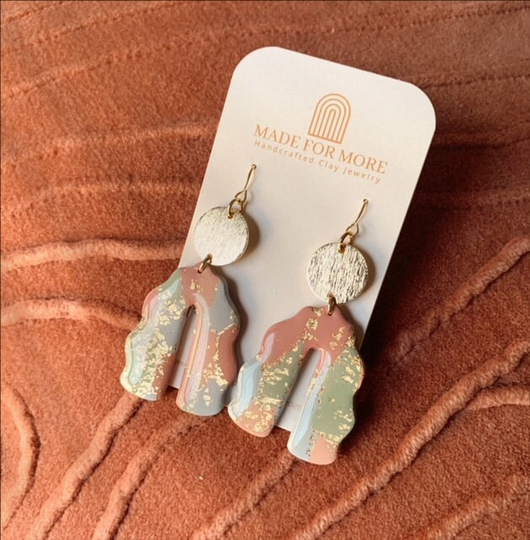 Clay Earrings | Polymer Spring Easter Wavy Arches With Gold Charm
