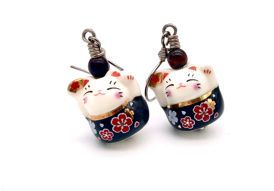 Kawaii Cat Earrings Black Maneki Neko Porcelain Dangle Cute Ceramic Money Sakura Cherry Blossom